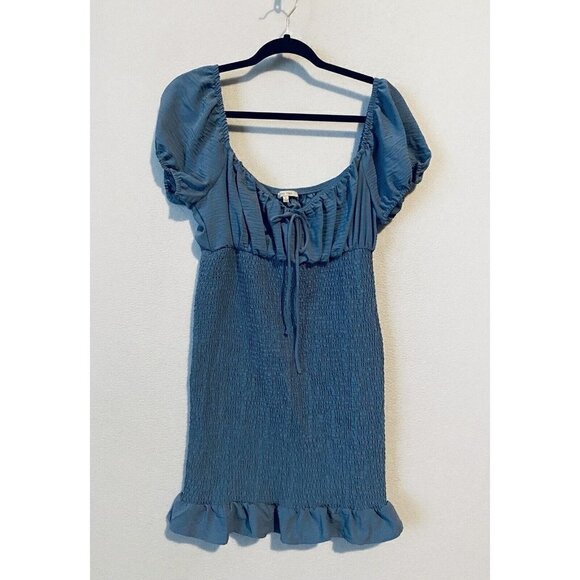 Love Tree Dress Womens Large Smocked Ruffle Hem Puff Sleeve Bodycon Blue Boho - Picture 1 of 7